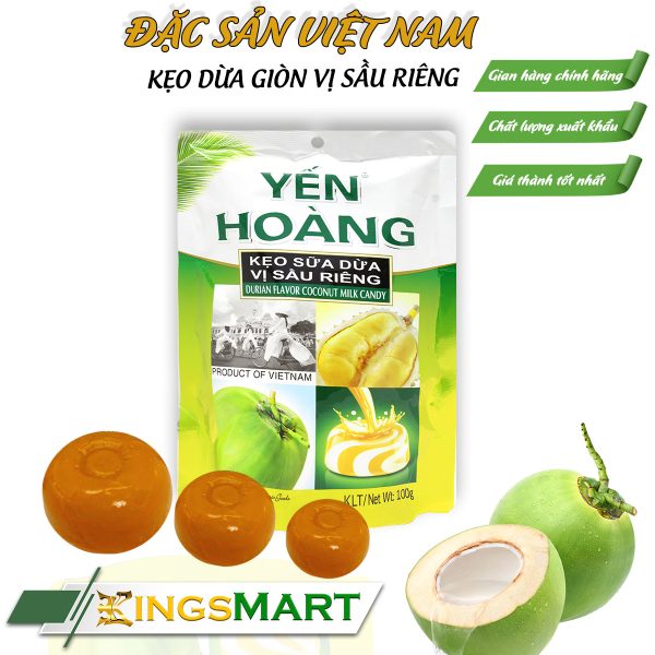 Kẹo dừa giòn vị sầu riêng – Thương hiệu Yến Hoàng – Túi 100g