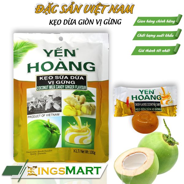 Kẹo dừa giòn vị gừng - Thương hiệu Yến Hoàng - Đặc sản Bến Tre - Túi 100g - Kingsmart