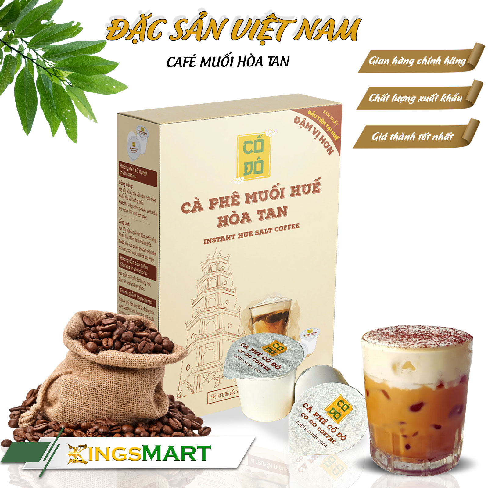 Cà phê muối Huế hòa tan - Thương hiệu CỐ ĐÔ - Đặc sản Huế - Hộp 6 cốc - Kingsmart