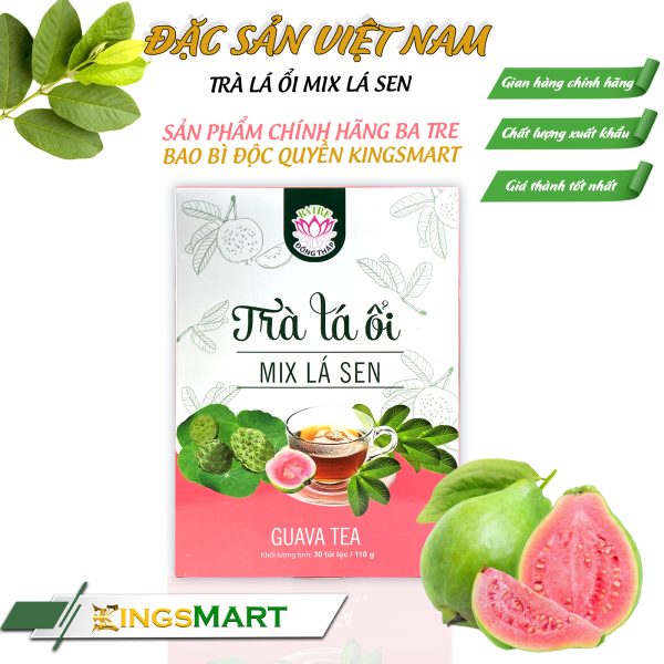 Trà lá ổi mix lá sen - Thương hiệu Ba Tre - Đặc sản Đồng Tháp - Hộp 110g/30 túi lọc - Kingsmart