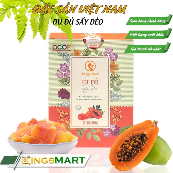 Đu đủ sấy dẻo - Thương hiệu LONG CHÂU - Đặc sản Long An - Hộp 150g - Kingsmart