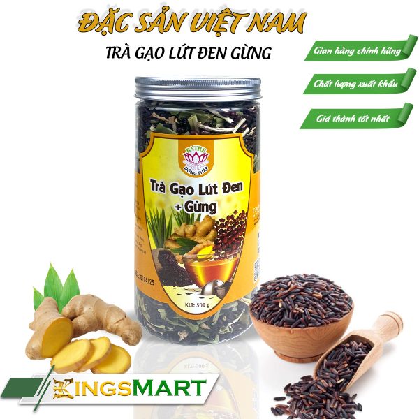Trà gạo lứt đen rang gừng - Thương hiệu SEN BA TRE - Thải độc, thải mỡ, giảm lạnh bụng - Hũ 500g - Kingsmart