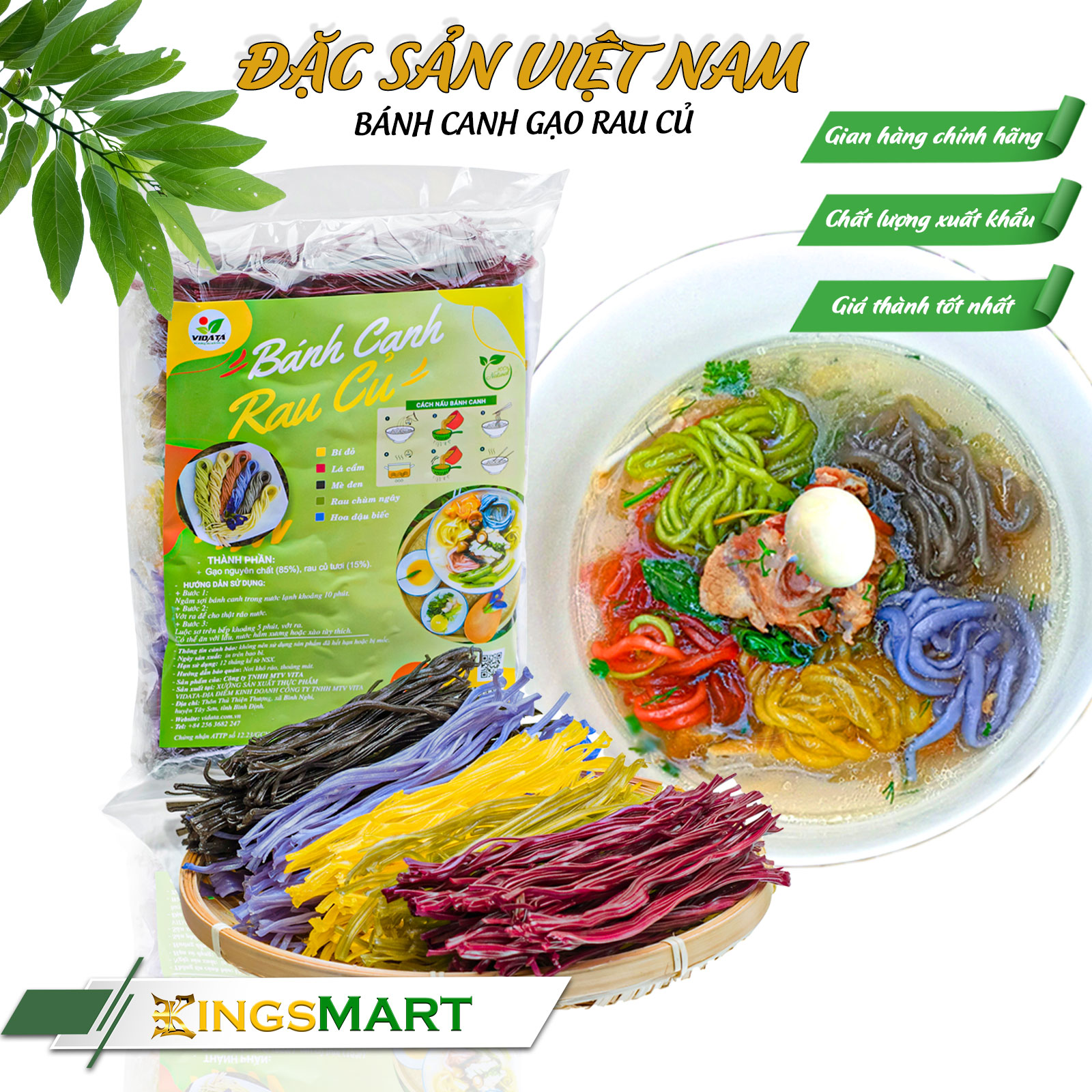 Bánh canh gạo rau củ - Thương hiệu VIDATA - Đặc sản Tây Sơn Bình Định - Túi 350g - Kingsmart