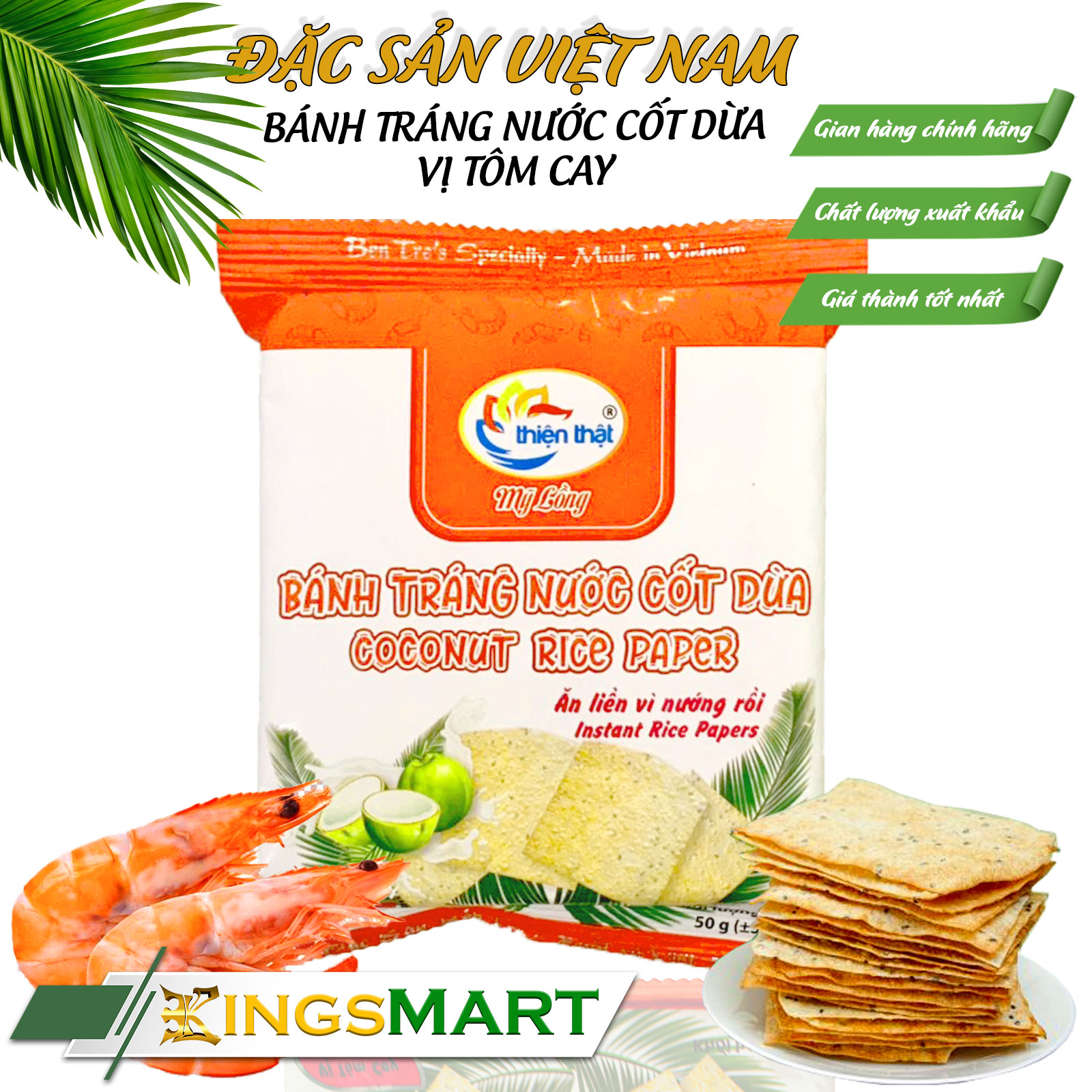 Bánh tráng nướng nước cốt dừa vị tôm cay - Thương hiệu THIỆN THẬT - Đặc sản Mỹ Lồng Bến Tre - Túi 40g - Kingsmart