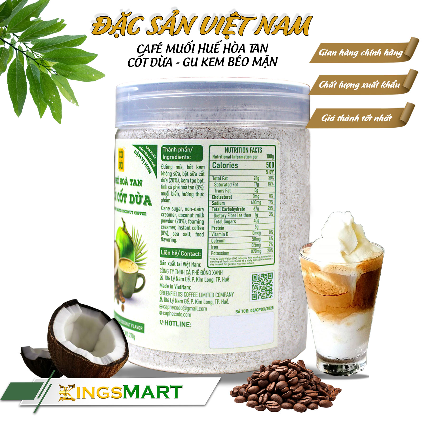 Cà phê muối Huế cốt dừa hòa tan - Gu kem béo mặn - Thương hiệu CỐ ĐÔ - Đặc sản Huế - Hũ 270g - Kingsmart - Ảnh 2