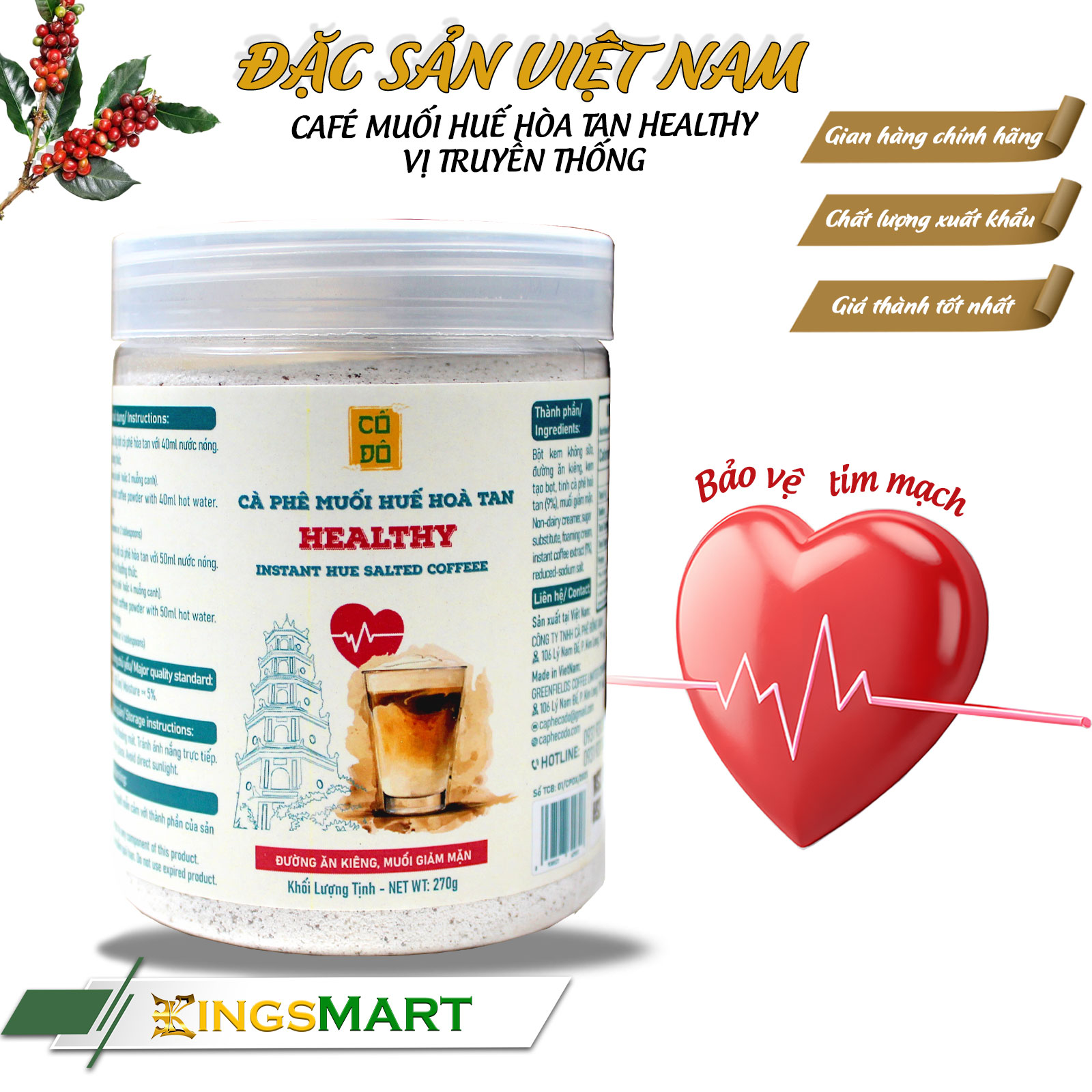 Cà phê muối Huế hòa tan HEALTHY - Đường ăn kiêng, muối giảm mặn - Thương hiệu CỐ ĐÔ - Đặc sản Huế - Hũ 270g - Kingsmart