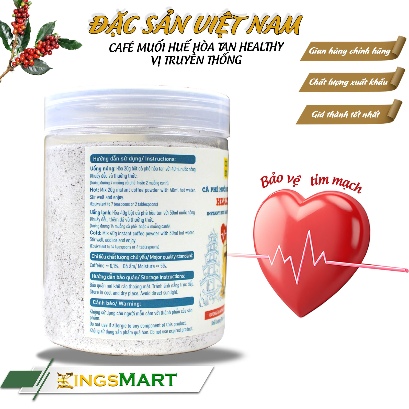 Cà phê muối Huế hòa tan HEALTHY - Đường ăn kiêng, muối giảm mặn - Thương hiệu CỐ ĐÔ - Đặc sản Huế - Hũ 270g - Kingsmart - Ảnh 2