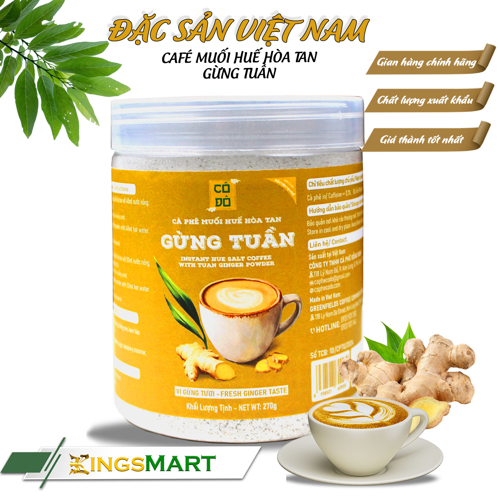 Cà phê muối Huế gừng tuần hòa tan - Gu đậm cà phê - Thương hiệu CỐ ĐÔ - Đặc sản Huế - Hũ 270g - Kingsmart