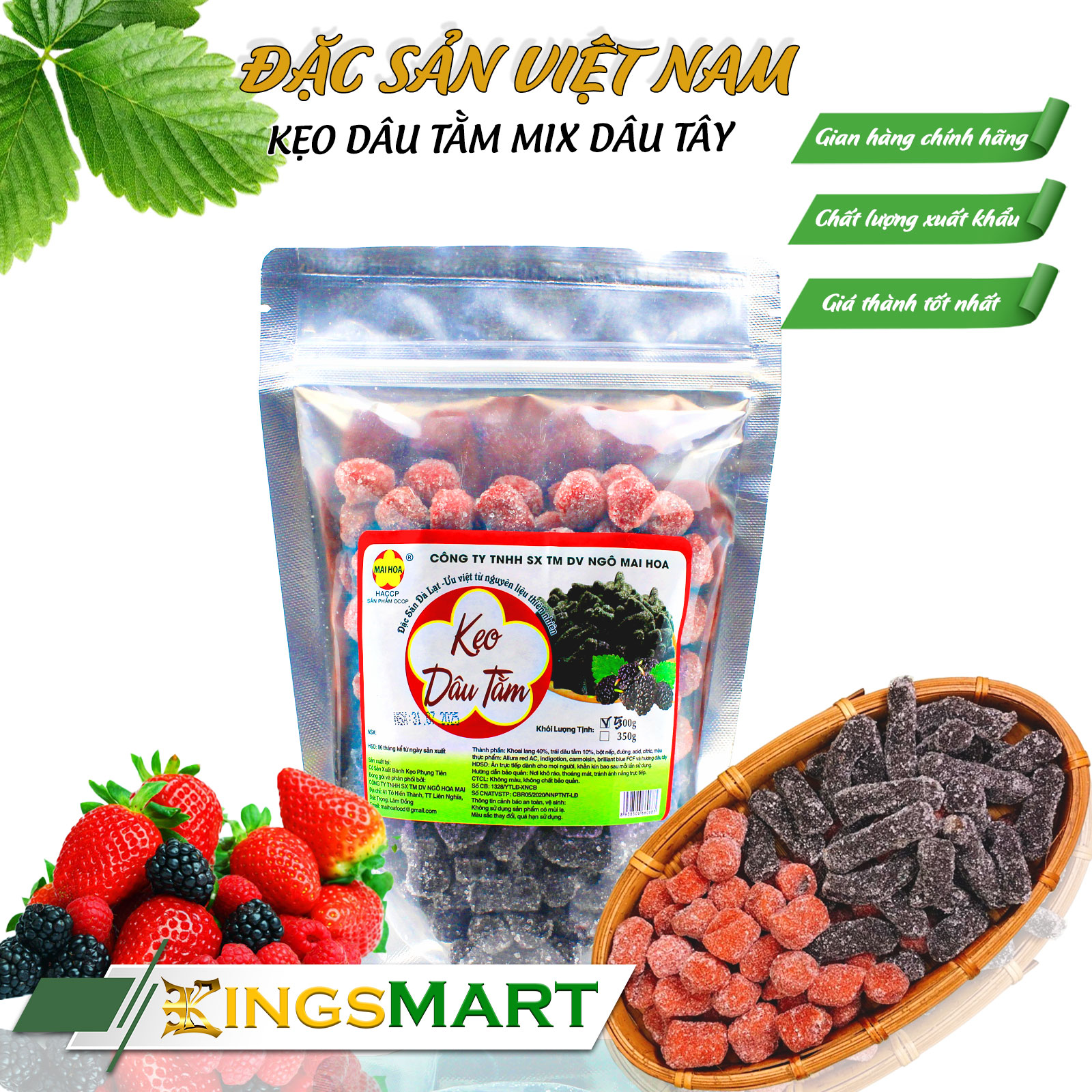 Kẹo dâu tây mix dâu tằm Đà Lạt - Thương hiệu NGÔ MAI HOA - Túi 500g - Kingsmart