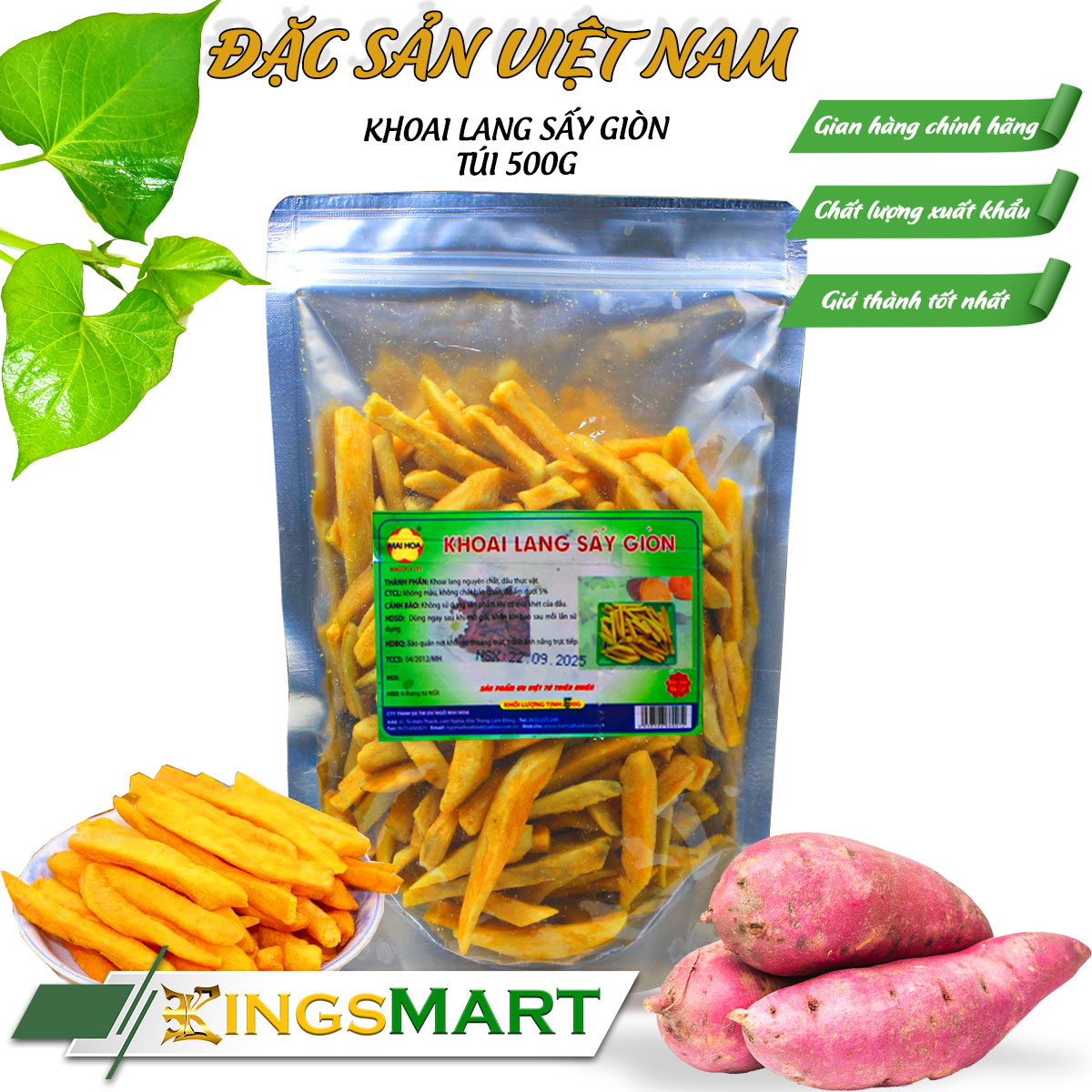 Khoai lang vàng sấy giòn nguyên miếng -Thương hiệu NGÔ MAI HOA - Đặc sản Đà Lạt - Túi 500g - Kingsmart