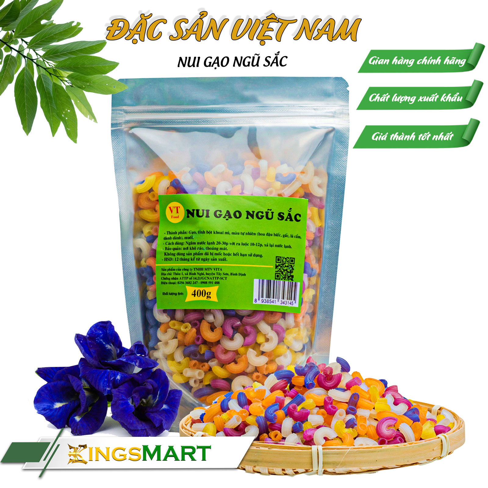 Nui gạo ngũ sắc rau củ - Thương hiệu VIDATA - Đặc sản Tây Sơn Bình Định - Túi 400g - Kingsmart