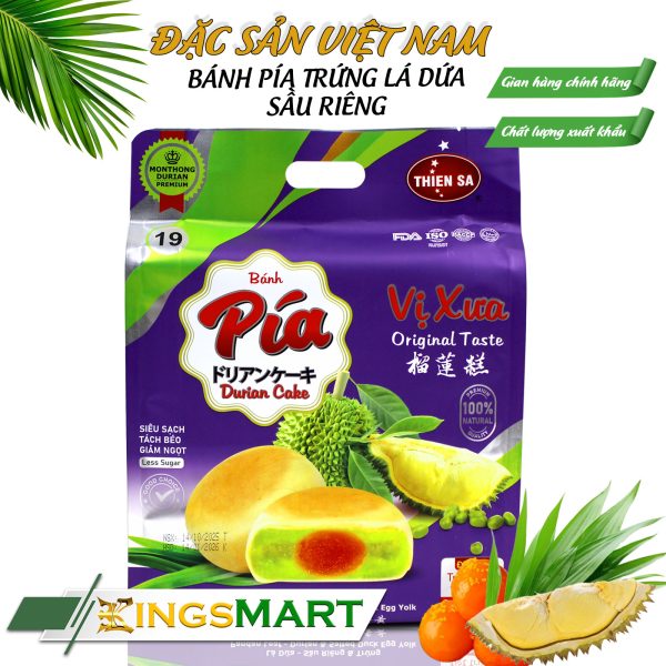Bánh pía nhân trứng muối lá dứa sầu riêng - Thương Hiệu THIÊN SA - Túi 400g/ bánh - Kingsmart
