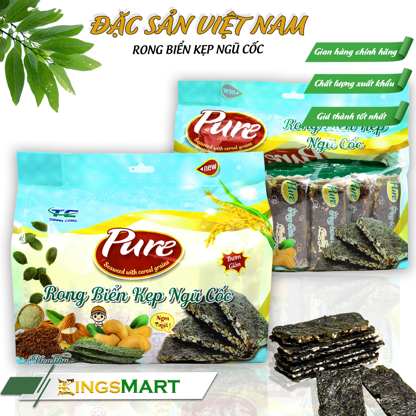 Rong biển kẹp hạt ngũ cốc - Thương Hiệu PURE THÀNH CÔNG - Đặc Sản Sài Gòn - Túi 450g/30 thanh - Kingsmart