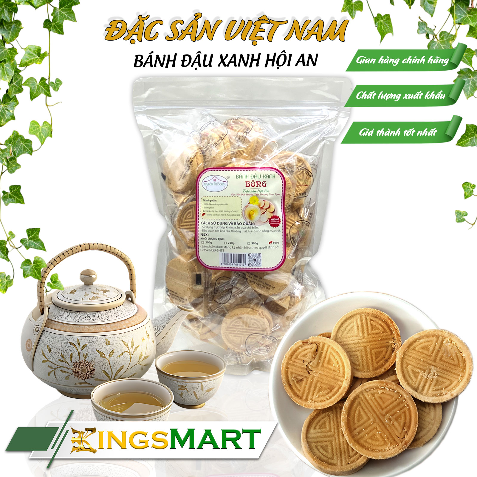 Bánh Đậu Xanh Hội An Chay - Thương hiệu Bông - Túi 500g - Kingsmart - Ảnh 2