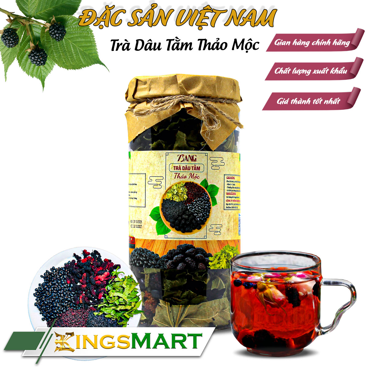 Trà dâu tằm thảo mộc canh tác thuận tự nhiên - Thương hiệu 7 SĂNG - Đặc sản Tây Ninh - Hũ nhựa 200g - Kingsmart